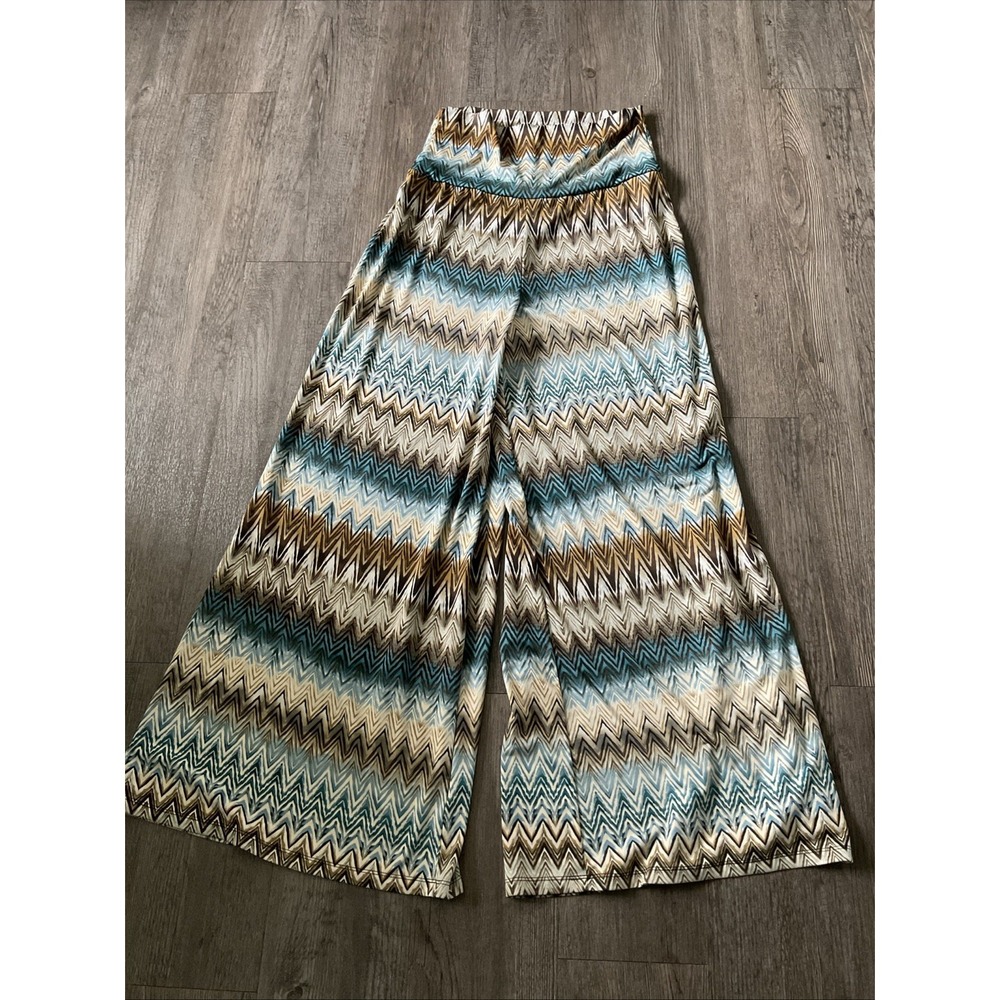 Zac & Rachel Women’s Chevron Wide Leg Pull-On Pants Stretch Blue Beige M